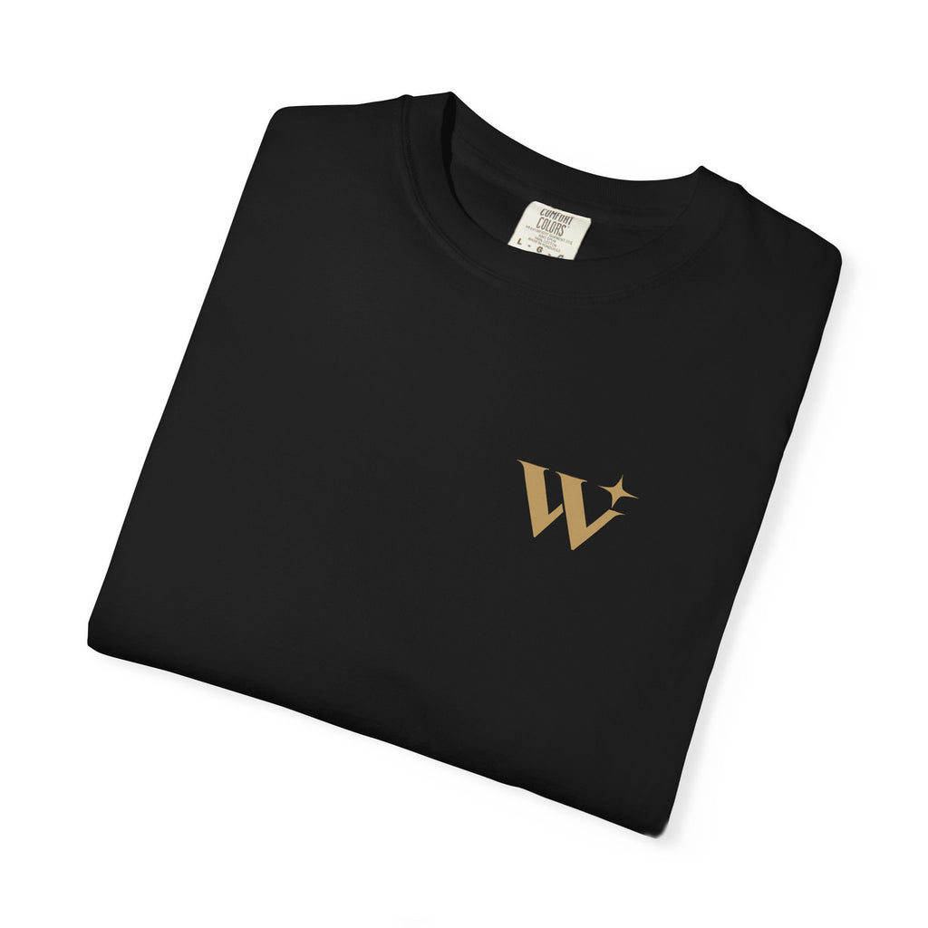 Folded black Worthy Essential Heavyweight Tee showing the gold-tone chest W