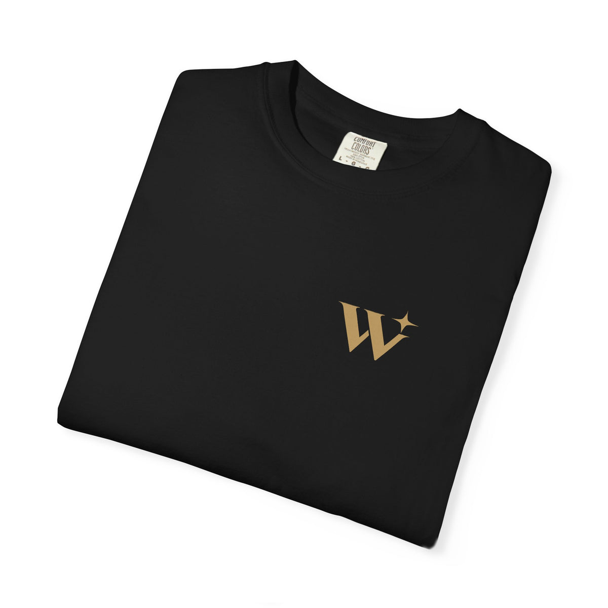 Folded black Worthy Essential Heavyweight Tee showing the gold-tone chest W