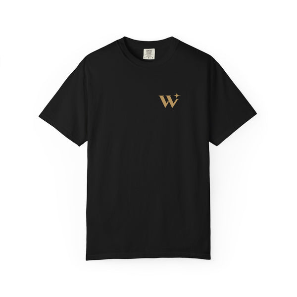 Front of black Worthy Essential Heavyweight Tee with a gold-tone W and star on the left chest